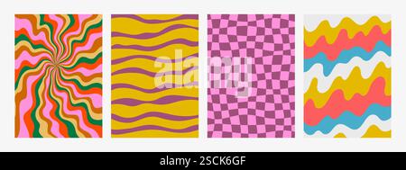 Abstraktes psychedelisches Retro-Muster-Set. Groovige Hintergründe in lebendigen Farben. Trendige, flippige Vektortexturen im abstrakten y2k-Stil. Vektorgrafik für Stock Vektor