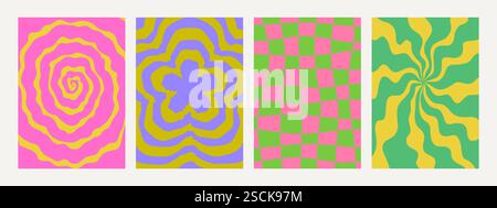 Groovige psychedelische Hintergründe in lebhaften Farben. Abstraktes Set mit Retro-Muster. Trendige, flippige Vektortexturen im abstrakten y2k-Stil. Vektorgrafik für Stock Vektor