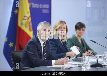 Madrid, 14.01.2025. Moncloa Palace. Pressekonferenz nach dem Treffen des Ministerrates mit dem Sprecher des Ministers Pilar Alegría, dem Innenminister Fernando Grande Marlaska und der Ministerin für Wohnungsbau und Städteagenda Isabel Rodríguez. Foto: Jaime García. ARCHDC. Quelle: Album / Archivo ABC / Jaime García Stockfoto