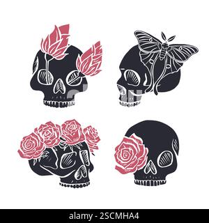 Hand gezeichneter inky blumiger menschlicher Schädel mit Rose in den Augen Silhouetten isoliert auf weißem Hintergrund Stock Vektor