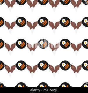 Männliche Hände afroamerikanische oder mexikanische Nationalitäten halten Grillpfanne mit gebratenem Ei und Würstchen Muster. Isolierte Vektor-Illustration nahtlose Textur Hintergrundbild, Hintergrund Thematische oder Menükarten, Promo Stock Vektor