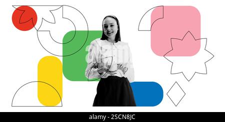 Lächelnde Frau umgeben von abstrakten geometrischen Formen. Digitale Netzwerke, Authentizität, persönliches Branding und menschliche Beziehungen Stockfoto