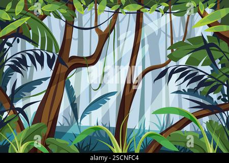 Vektorlandschaft von tropischem Wald oder Dschungel. Regenwald mit üppigem Laub und Bäumen, Natur. Exotische Flora und Fauna im Freien. Landschaftsökosystem. Stock Vektor