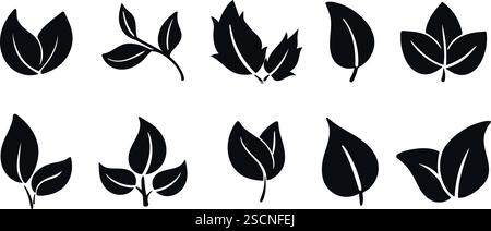 Lässt Symbole gesetzt. Schwarze Silhouette aus Laub und Flugblättern. Natürlichkeit und Umweltzeichen. Blattklammer Art. Vektorgrafiken Stock Vektor