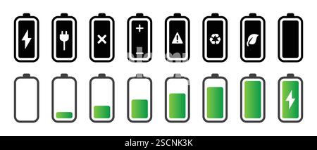 Ladevorgang der Batterie und Probleme während des Ladevorgangs. Batteriesymbol in Schwarz und Grün gesetzt. Vektorabbildung. Stock Vektor