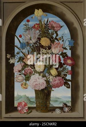 Blumenvase im Fenster, C1593-1621. Stockfoto