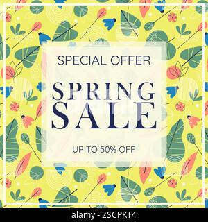 Frühjahrs-Sale-Design für Werbung. Grußkarte „Hallo Frühling“, Einladungsvorlage. Moderne Schriftzüge Banner Poster Vorlage Hintergrund, Verkauf, Angebot Stock Vektor