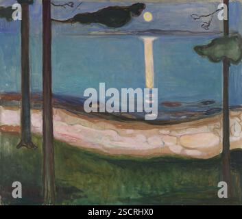 Moonlight, 1895. Zusätzliche Informationen: Dieses Gemälde zeigt eine der einfachsten Darstellungen der norwegischen Küstenlandschaft im Licht einer Sommernacht. Thematisch ist sie mit der Stimme verwandt, die Munch früher gemalt hatte, in diesem Fall mit einer weiblichen Figur im zentralen Vordergrund. Mondlicht fängt eine Stimmung der Natur ein, ohne menschliche Präsenz. Das erste, was unsere Aufmerksamkeit auf sich zieht, ist die ungewöhnliche Säule des Mondlichts, ein Motiv, das in mehreren Bildern von Munch’s vorkommt. Die nächste ist die hügelige Küste, die einen horizontalen Kontrapunkt zum strengen Vertikalit bildet Stockfoto