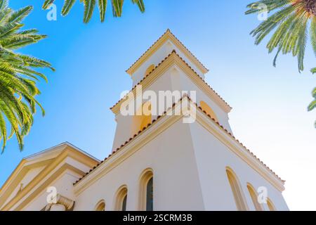 Dramatischer Blick auf Palmen rund um die erste Kirche Christi, Wissenschaftler in Riverside, Kalifornien. Stockfoto