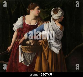 Judith und ihre Dienerin mit dem Kopf des Holofernes, 1608-1612. Zusätzliche Informationen: Eine gewalttätige Tat wurde begangen, aber diese Darstellung der biblischen Geschichte von Judith und ihrer Magd, Holofernes enthauptet zu haben, zeigt auch zärtliche Gesten und Gelassenheit. Das Gemälde zeigt eine Geschichte aus dem  Alten Testament, dem Buch Judith. Das Herzstück dieser Arbeit ist ein Korb mit dem abgetrennten Kopf von Holofernes. Sein verzerrtes Gesicht richtet sich auf den Betrachter. Die Täterin der Holofernes’ Enthauptung war Judith, eine schöne jüdische Witwe, deren Schönheit und kaltblütige Handlung sie gerettet haben Stockfoto
