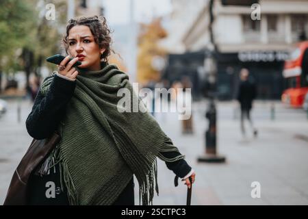 Frau kommuniziert auf dem Smartphone und steht draußen in der Stadtstraße Stockfoto