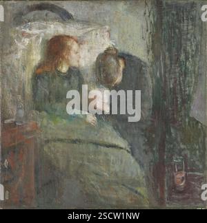 Das kranke Kind, zwischen 1885 und 1886. Weitere Informationen: Das kranke Kind, das als Edvard Munch’s bahnbrechendes Werk gefeiert wird, zeigt seine Wende hin zu einer persönlicheren, expressiveren und emotional aufgeladenen Form der Kunst. Das Gemälde wird oft in Verbindung mit Munch’s Verlust seiner einjährigen Schwester Sophie gesehen, die 1877 an Tuberkulose starb. Sterbende Kinder waren zudem ein gemeinsames Thema unter den Künstlern dieser Zeit. Stockfoto