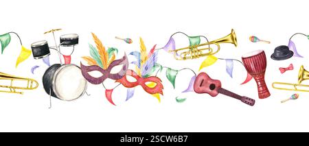 Karneval Straßenparty horizontales nahtloses Banner isolierter Hintergrund. Musikpercussion, Saiten- und Blasinstrumente, Masken mit Federn, Flaggengirlande Stockfoto