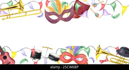 Aquarell Fett Donnerstag Karneval horizontaler Rahmen mit Kopierraum für Text. Festivalmaske mit Federn, Musikinstrumenten, Fahnenband, Hutfeiertag Stockfoto