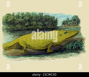 Mastodonsaurus giganteus ist ein ausgestorbener Amphibien aus der Mitteltrias-Zeit (vor 247,2 bis 237 Millionen Jahren). Eine Capitosauria aus der Ordnung der Temnospondylen, sie lebte hauptsächlich im Wasser und ernährte sich von Fischen. Mit einer Länge von bis zu 6 Metern waren sie eine der größten Amphibien, die es je gab. Stockfoto