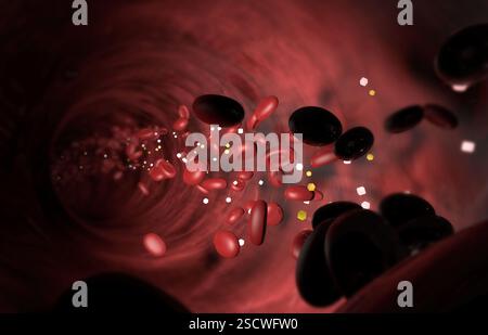 Computerkunstwerk der Blutbahn mit roten Blutkörperchen (rot), Insulinmolekülen (gelb) und Zucker (weiß). Erythrozyten (Erythrozyten) transportieren Sauerstoff aus der Lunge in Gewebe im ganzen Körper. Insulin ist ein von der Bauchspeicheldrüse freigesetztes Hormon, das die Aufnahme von Zucker durch die Zellen im Körper anregt. Stockfoto