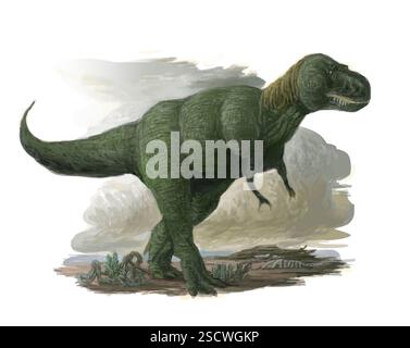 Tyrannosaurus rex (bedeutet „Tyrannenkönig“), oft verkürzt auf T. rex, lebte in der späten Kreidezeit (vor 72,7 bis 66 Millionen Jahren). Tyrannosaurus rex, ein zweibeiniger Fleischfresser, erreichte eine Länge von bis zu 13 m (43 ft) und wog 8,8 Tonnen an Masse, was ihn zu einem der größten bekannten Landräuber machte. Im Vergleich zu seinen großen Hinterbeinen hatte T. rex kurze, aber muskulöse Arme. Viele Theorien existieren für die Zwecke ihrer Waffen, einschließlich als Waffen im Kampf, als Greifmechanismen in der Balz und einfach als Mittel, um sie vom Boden zu heben. Stockfoto
