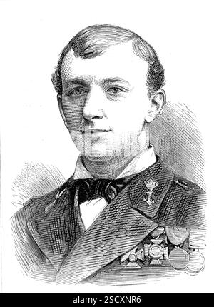 Der verstorbene Lieutenant Koolemans-Beynen, Royal Dutch Navy, 1880. Kupferstich aus einer Fotografie von Wegner und Mottu aus Amsterdam. „Der Tod dieses hervorragenden Offiziers, der einigen unserer eigenen Landsleute, die sich mit maritimer und geografischer Erforschung beschäftigen, bekannt war, wurde in letzter Zeit mit Bedauern erwähnt. Es wird daran erinnert, dass Lt. Koolemans-Beynen, der in der Sumatra-Geschwader und an Land in der Marinebrigade von Achin diente, sich mit Erlaubnis von Sir Allen Young den beiden Reisen der Pandora anschloss und in der ersten als vierter Leutnant fungierte. Er wurde von der niederländischen Regierung ernannt Stockfoto