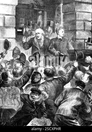 Wahlkampf in Liverpool: Szene im Townhall nach der Nominierung 1880. "Der Wettbewerb zwischen Lord Ramsay, dem Sohn des Earl of Dalhousie, und Mr. Edward AVliitley, Anwalt, um die Vertretung von Liverpool im Unterhaus, endete gestern Woche zugunsten von Mr. Whitley und der Konservativen Partei... [unsere Abbildung] repräsentiert die beiden rivalisierenden Kandidaten, nach ihrer offiziellen Nominierung am Dienstag, Arm in Arm zusammen aus dem Townhall, vor dessen Tür sie, nachdem sie den Beifall ihrer jeweiligen Unterstützer höflich aus der Menge geholt haben Stockfoto