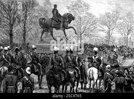 Enthüllung der Statue von Lord Gough im Phoenix Park, Dublin, 1880. Gravur von einem Foto von Mr. Kanzler. "...die Dublin Reiterstatue von Feldmarschall Lord Gough wurde vom Duke of Marlborough enthüllt. Die Statue wurde vom verstorbenen Mr. Foley, R.A. entworfen und von seinem Schüler und Assistenten Mr. T. Brock fertiggestellt. Es wurde von Masefield and Co. Aus Chelsea in Bronze gegossen. Der Bildhauer hat den Helden von achtzehn großen Siegen wieder zum Leben erweckt. Die Statue ist 13 Fuß groß. 6 Zoll Stockfoto