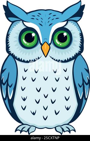 Ein Vektor-Illustration-Design einer charmanten Blauen Eulen mit grünen Augen isoliert auf weißem Hintergrund. Es ist vollständig bearbeitbar, benutzerfreundlich und gut organisiert Stock Vektor