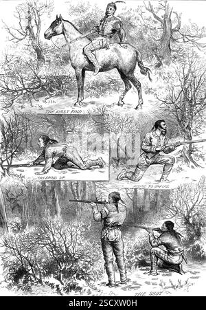 Jagdskizzen unter den Indianern von Minnesota, 1880. "Der erste Fund; sich aufschleicht; aufsteigt zum Feuer; der Schuss [aus Skizzen von Mr. W. P. Hooper]. Die Indianer, die noch immer in den großen Indianerreservaten in Minnesota leben, sind Chippewas oder Ojibbeways...plenty Großwild laden die Indianer, wie auch die Weißen, zur profitablen Jagd ein. Elche und cariboo... können am Anfang des Snake River und der Two Rivers im County Kittson verfolgt werden... und Elche werden gelegentlich am Kopf des Rozeau River getroffen, einige wiegen bis zu 4000 Pfund. Deerstalking, mit Veniso Stockfoto