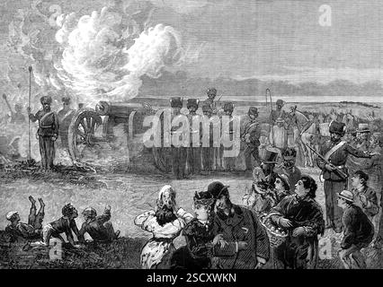 The Easter Volunteer Review: The First Gun, 1880. "Der jährliche Feldtag der kollektiven Truppe des Freiwilligen Gewehrkorps der Metropolis and Home Counties fand am Ostermontag statt... auf den Sussex Downs zwischen Brighton und Lewes... unsere Abbildungen widmen sich hauptsächlich den Vorfällen der Vorbereitung... die erste Waffe, die bei der Eröffnung der Aktion abgefeuert wird, findet sie in perfekter militärischer Ordnung." Aus Illustrated London News, 1880. Stockfoto