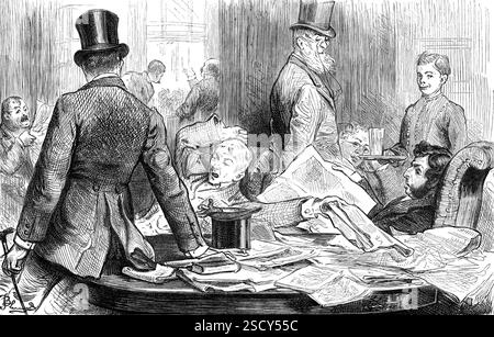 "Als er starb, legten einige Männer in seinem Club die Zeitung ab, die seinen Tod mit einem Gähnen ankündigte...", 1880. Illustration zu einer Kurzgeschichte. Mr. Richard Wyse war ein Mann von guter Familie und gutem Vermögen und er lebte ganz für sich – eine Art des Umgangs mit der Welt und ihren Besitztümern, die ihm am besten berechnet schien, um seine Vorteile bestmöglich zu nutzen... Er wurde nicht durch einen Titel behindert, so dass die schöne Ethik der Erbgesetzgebung keinen Anspruch auf seine Aufmerksamkeit hatte, und die Zeitungen waren weder um seine Verdienste noch um Mängel besorgt... nicht, dass Mr. Wyse ein schlechter Mann war. Er war ne Stockfoto