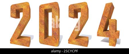 Konzept oder Konzept 2024 Jahre aus altem, rostigem Metall isoliert auf weißem Hintergrund. Eine abstrakte 3D-Illustration als Metapher für die Zukunft Stockfoto