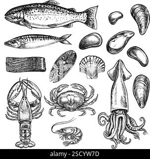 Fisch und Meeresfrüchte, Forelle, Makrelen und Tintenfische, Flusskrebse, Krabben und Garnelen, Muscheln und Meereselemente. Vektorgrafiken von Hand. Schwarz und Stock Vektor