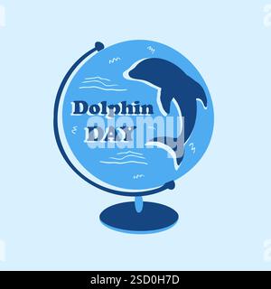 Eine Vorlage für den Dolphin Awareness Month. Vektorillustration eines Globus und Silhouette eines blauen Delfins, Rettungskonzept für Meeressäuger. Eine Stelle für den Text, ein flaches Symbol. Stock Vektor