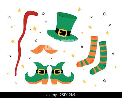 Leprechauns Kleidung und so. Hut, Schnurrbart, Stiefel, gestreifte Socken und Wanderstock, Rohrstock. Irische Symbole zum St. Patricks Day. Vektorabbildung Stock Vektor