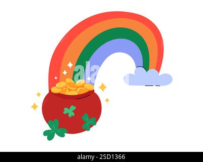 Topf aus Gold und Regenbogenvektor-Illustration. Leprechauns-Topf voller goldener Glücksmünzen. Symbol für den Tag des Heiligen Patricks. Irisches Folklore-Objekt für Feiertage Stock Vektor
