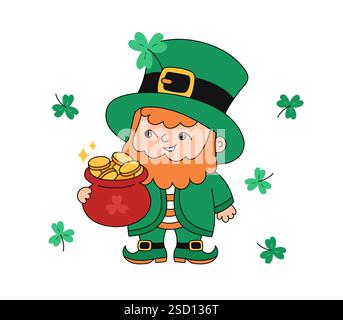 Niedlicher Kobrechaun, der einen Topf mit Goldvektor hält. Shamrocks St. Patricks Day Symbol. Irische Folkloreobjekte isoliert. Patricks Day 17. März Comic Doodle Stock Vektor