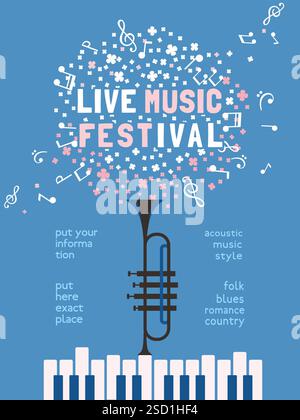 Frühjahrs-Live-Musik-Festival minimales Design Vektor-Poster. Klaviertastatur, Trompete, Musiknoten Zeichentrickillustration. Blooming Vibes Music Fest Stock Vektor