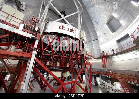 Das Gran Telescopio CANARIAS GTC, Roque de los Muchachos Observatory, La Palma, Kanarische Inseln, Spanien das Gran Telescopio CANARIAS GTC ist ein 10,4 Meter langes primäres Spiegelteleskop, das die modernste Technologie einbaut und eines der fortschrittlichsten Teleskope der Welt und das größte der optisch-infraroten INSTRUMENTE ist: OSIRIS, sichtbares Licht und Infrarotlicht der Hauptspiegel von GTC¥, der dünne Spiegeltechnologie verwendet, um das Gewicht niedrig zu halten, besteht aus 36 sechseckigen Segmenten, die zusammen eine Lichtauffangfläche von 75 7 m2 haben, entsprechend Stockfoto