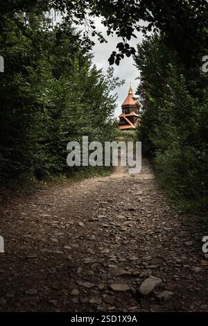 Ein schmaler, felsiger Pfad schlängelt sich durch dichte grüne Bäume. Stockfoto