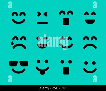 Comic-Gesichter mit Emotionen. Set aus zwölf verschiedenen Emoticons. Vektorabbildung Stock Vektor