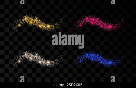 Set aus vier Lichtwellen mit goldenen, silbernen, roten und blauen Glitzereffekten auf dunklem transparentem Hintergrund. Abstrakte Wirbellinien. Vektorabbildung Stock Vektor