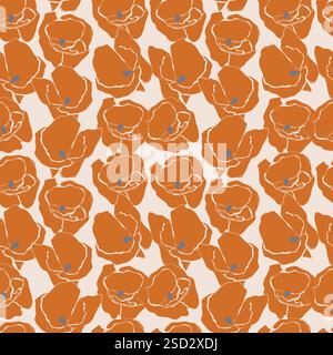 Mohnvektor handgezeichnetes Blumenmuster zeigt stilisierte Mohnblumen in warmen, erdigen Tönen. Leinenkunst, Kunstwerke, Textilien, Tapeten und Einrichtung. Stock Vektor