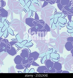 Das nahtlose Blumenmuster von Jasmin zeigt handgezeichnete Jasminblüten in beruhigenden Blau-, Lavendel- und Minztönen. Das künstlerische, moderne Design Stock Vektor