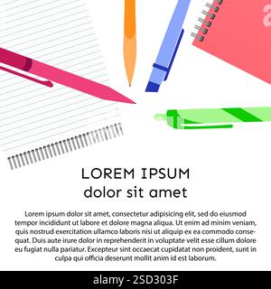 Hintergrund mit Notizbuch, Stiften, Bleistiften und Platz für Ihren Text. Vektorabbildung. Stock Vektor