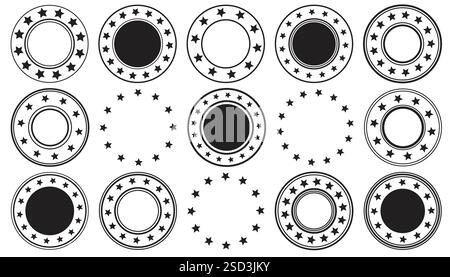 Runde Abzeichen mit Sternen für hochwertige Artikel. Sterne im Kreis Aufkleber isoliert auf weißem Hintergrund. Stock Vektor