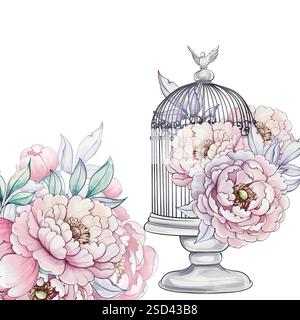 Sanfte rosa Blumen umgeben anmutig einen alten Vogelkäfig, während ein zarter Vogel friedlich im ruhigen Farbschema und Hintergrund thront Stock Vektor