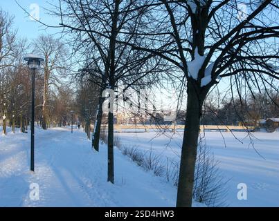 Altenburg, Deutschland: Winterlicher Blick entlang der Promenade am Großen Teich mit der Fußgängerbrücke zum berühmten kleinen Zoo auf der Insel Stockfoto