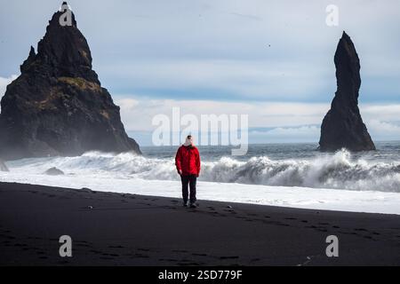 Eine Person, die entlang eines atemberaubenden schwarzen Sandstrandes Reynisfjara und felsigem Gelände in VIK Myrdal im Golden Circle Gebiet in Island mit dem Atlantischen Ozean spaziert Stockfoto