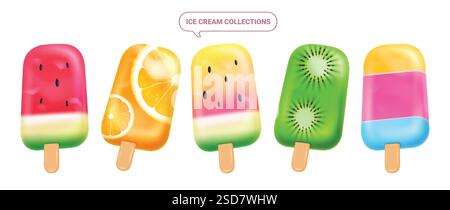 Eiskrem-Symbol-Clip-Art-Set. Eis mit tropischen Früchten Geschmack wie Wassermelone, Orange und Kiwi Clip Art Sommer kalt Dessert Sammlung Vektor Stock Vektor