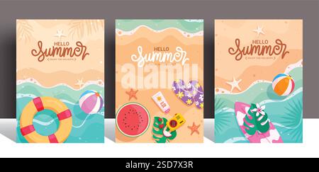 „Hello Summer Greeting Clipart“-Poster-Set. Sommertext mit tropischen Elementen Clip Art Sammlung in farbenfrohen Strand abstrakten Hintergrund für Urlaub Stock Vektor