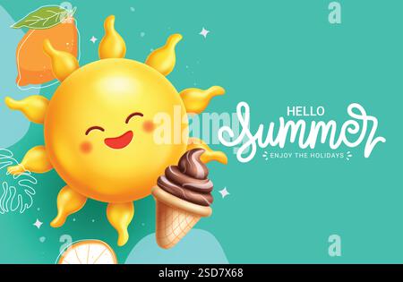 „Hello Summer Greeting“-Clip-Art-Design. Sommertext mit Sonne glücklichem Gesicht Charakter Clipart in grünem abstrakten Hintergrund für Weihnachtskarte Stock Vektor
