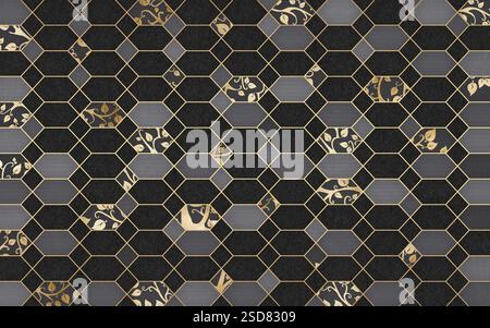 Moderne Wandtapete mit 3D-Muster. Goldene Linien, Marmor auf dunklem Hintergrund. Zum Drucken auf Leinwand, Wanddekor und Teppichdesign Stockfoto